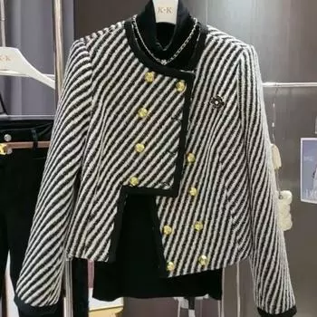 Европейская станция Дизайн Sense Знаменитость Темперамент Осень Маленькая Ароматная Полосатая куртка Женская Иностранный Стиль Возрастной Короткая Куртка M 85-100