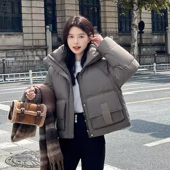 Европейская станция хлеб куртка маленький человек супер красивый легкий короткий с капюшоном кофейный хлопчатобумажная одежда женские новые модели M