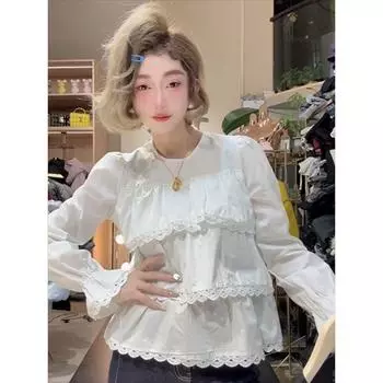 Европейская станция Кружево Кружево Рукав-колокол Кукольная рубашка для женщин Весна и Осень Новое поступление Милая Молодежная Свободного кроя Стройнящая Рубашка Топы White 2XL