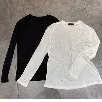 Европейская станция Летняя Повседневная Универсальная Футболка с длинным рукавом и стразами White L