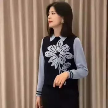 Европейская станция Осень и Зима Новое поступление Блузка с воротником-стойкой и дизайном «два в одном» из шерстяного трикотажа в западном стиле Молодежный топ для женщин Blue XL