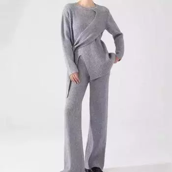 Европейская станция осень и зима новый ленивый ветер трикотажные брюки широкие комплект женский повседневный модный свитер темперамент комплект из двух предметов женский one size fits all чёрный
