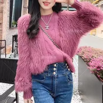 Европейская станция осень-зима новая корейская версия модного круглого воротничка свитер нежный ветер волосы сращивание свитер женский XXS фуксия