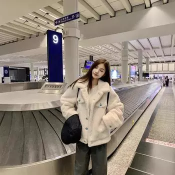 Европейская станция осень-зима новый модный бренд имитация норки мех бирюзовый однобортный лацкан свободный повседневный длинный рукав куртка женская S слоновая кость