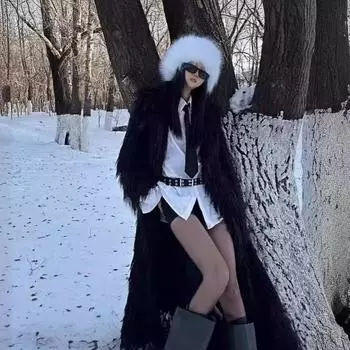 Европейская станция осень-зима пляжное пальто из искусственного меха овчины женское удлиненное модное черное плюшевое пальто с длинными рукавами S чёрный