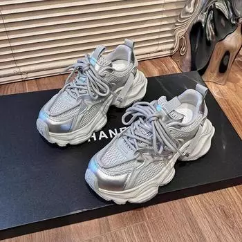 Европейская станция Платформа Модные Папины Туфли Женские Весна 2025 Новые Универсальные Повседневные Туфли Серебристо-Серые Спортивные Трендовые Туфли Женские 35 серебряный