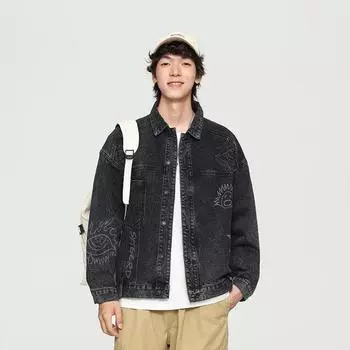 Европейская станция Весна Американская High Street Tooling куртка High-End ретро принт модная джинсовая куртка для мужчин M чёрный