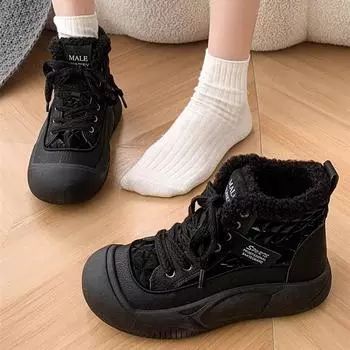 Европейская станция женские хлопковые туфли с бархатными теплыми короткими ботинками женские 2025 зима новые популярные хлопковые туфли овечья шерсть высокие туфли 35