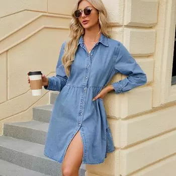 Европейская весна Новое свободное повседневное ковбойское платье средней длины для женщин S синий