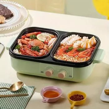 Европейская вилка - 2 в 1 многофункциональная электрическая духовка и горячая кастрюля, небольшая бытовая электрическая кастрюля, мини-бойлер, аксессуары для кухонного барбекю, горячая кастрюля зелёный