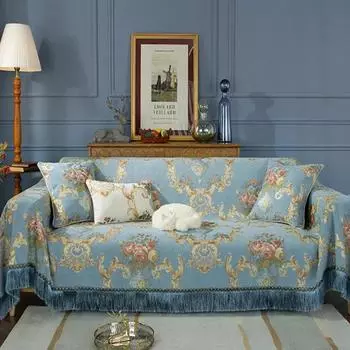 Европейская вышивка Диванное полотенце Роскошный ледяной кисточкой Синель Одеяло с защитой от царапин от кошек Диванный чехол Кожаная диванная подушка Four Seasons 1 Seater-180x200cm синий