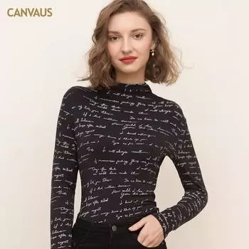 Европейская женская новая тонкая нижняя рубашка с высоким воротом, женская корейская футболка с длинными рукавами и принтом, топ для женщин S чёрный