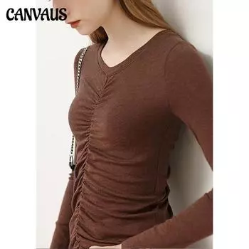 Европейская женская осенняя новая футболка с длинными рукавами. Женская круглая шея тоньше и носит топ. S кофейный