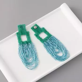 Европейские американские богемные серьги-кисточки ручной работы из рисовых бусин для женщин, модные зеленые серьги-гвоздики, преувеличенные серьги синий
