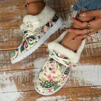 Европейские американские рождественские принтованные хлопковые туфли 2024 года, зимние туфли на шнуровке и плюшевые туфли на плоской подошве, большие теплые повседневные туфли с низким верхом 36 цветной печати леопарда