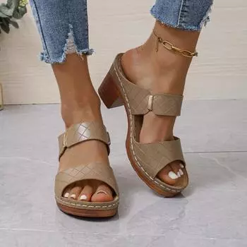 Европейские американские сандалии для женщин 2024 Лето Новые повседневные грубые каблуки Большие удобные классные тапочки с одним словом Zapatos De Mujer 36 хаки