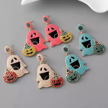 Европейские американские серьги-призраки в виде тыквы на Хэллоуин, женские нишевые индивидуальные серьги с рисовыми бусинами, преувеличенные серьги с жемчугом, креативное очарование синий