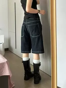Европейские американские широкие джинсовые шорты женские повседневные свободные утягивающие брюки с высокой талией и пятью точками прямые брюки модные S
