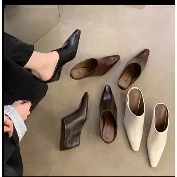 Европейские американские туфли Baotou Half женские мягкие кожаные туфли на высоком каблуке с крутым модным верхом из толстой кожи Lazy Muller Shoes 35 чёрный