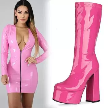 Европейские ботинки на толстой подошве с круглым носком и толстым каблуком, модные лакированные ботинки из супервысокой кожи, большие размеры, водонепроницаемые, с застежкой-молнией на столешнице 35 белый