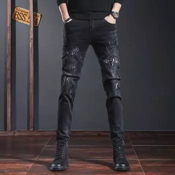 Европейские брендовые мужские черные облегающие эластичные джинсы с вышивкой – модные повседневные брюки в корейском стиле. 29