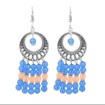 Европейские и американские богемные металлические резные полые серьги из рисовых бусин в стиле ретро, национальные трендовые серьги с длинными кисточками синий