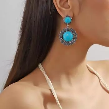 Европейские и американские богемные ретро-серьги с зеленым камнем, этнические серьги в тибетском стиле, женские серьги с индивидуальностью и нишей, серьги с подсолнухами 6.2*3.7cm красный