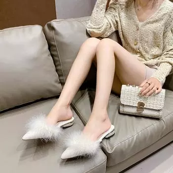 Европейские и американские большие размеры, однотонные, осень-зима 2024 года, новые, с острыми волосами, модные, повседневные, женские тапочки на толстом каблуке 35