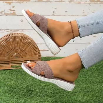 Европейские и американские большие размеры, однотонные, лето 2024, новые, с круглым носком, с толстой подошвой, модные, повседневные, сандалии с одним символом для женщин 36