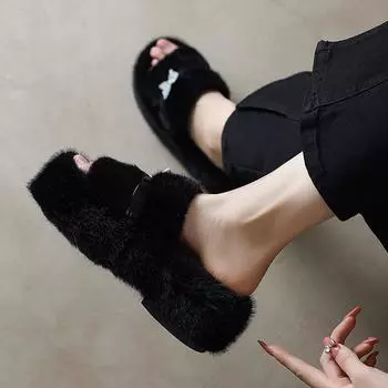 Европейские и американские большие размеры, однотонные, 2024, осень-зима, новые, с круглой головкой, модные, ветрозащитные, однотонные женские тапочки на толстой подошве 35