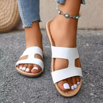Европейские и американские большие размеры, однотонные, лето 2024, новые, с круглым носком, с толстой подошвой, модные, повседневные, сандалии с одним символом для женщин 36 белый