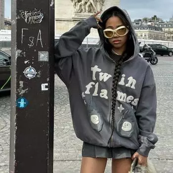 Европейские и американские бренды High Street Niche Brand Толстовка с надписью Graffiti Trend Ins Свободная пара в том же стиле Повседневная толстовка с капюшоном M серый