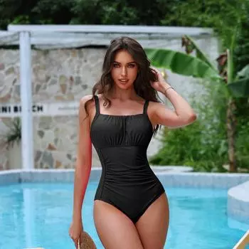 Европейские и американские цельные сексуальные консервативные купальники для женщин, закрывающие живот S чёрный