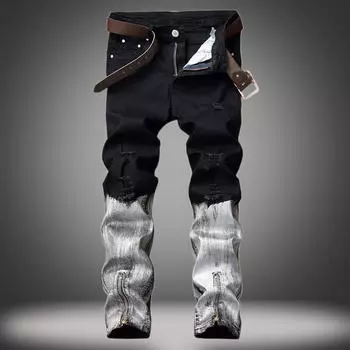 Европейские и американские джинсы нового покроя с мужскими рваными манжетами и покрытием на молнии 30 чёрный