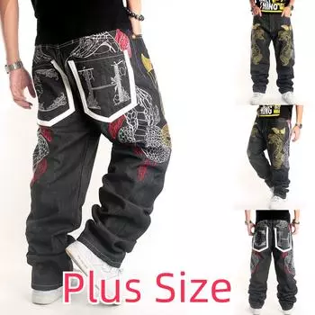 Европейские и американские джинсы в стиле хип-хоп, мужские свободные брюки для скейтборда с вышивкой, большие размеры 30-46 46 чёрный