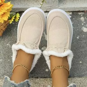Европейские и американские хлопковые туфли женские 2024 осень и зима новые плюшевые и теплые женские туфли с плоской подошвой противоскользящие Trafza 36 бежевый