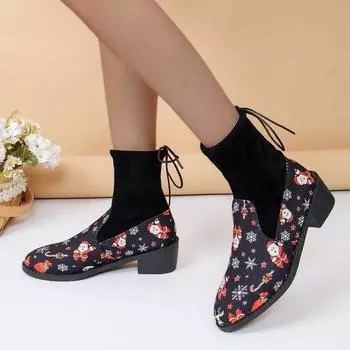Европейские и американские короткие сапоги 2024 года, осень и зима, новая верхняя одежда, круглый носок, квадратный каблук, рождественские сапоги на платформе большого размера 35-43 35 чёрный