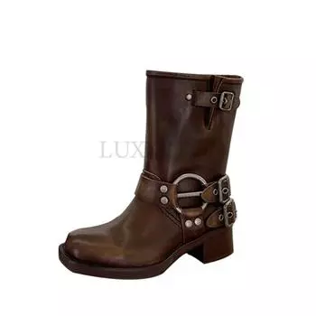 Европейские и американские ковбойские сапоги в стиле вестерн с металлической пряжкой, квадратные ботильоны с толстым каблуком в британском стиле 35 коричневый