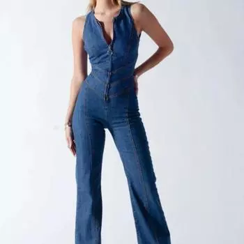 Европейские и американские летние уличные женские джинсы-комбинезоны без рукавов с застежкой-молнией, высокой талией, в форме сердца, с открытой спиной S синий