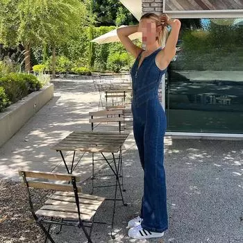 Европейские и американские летние уличные женские джинсы-комбинезоны без рукавов с застежкой-молнией, высокой талией, в форме сердца, с открытой спиной S синий