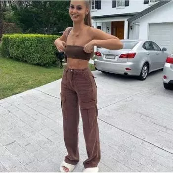 Европейские и американские модные новые женские брюки с карманами, повседневные свободные джинсы средней посадки для женщин S темно-коричневого