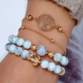 Европейские и американские модные универсальные простые аксессуары из бусинок «Древо жизни» и черепахи, набор из четырех частей, комбинированный браслет, браслет золотой