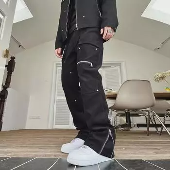 Европейские и американские мужские джинсы High Street Slim Fit с разрезом на молнии в стиле хип-хоп L чёрный