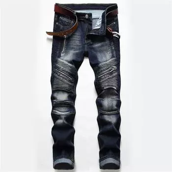 Европейские и американские мужские облегающие прямые джинсы мотоциклетного кроя темно-синего цвета светло-голубого цвета 28