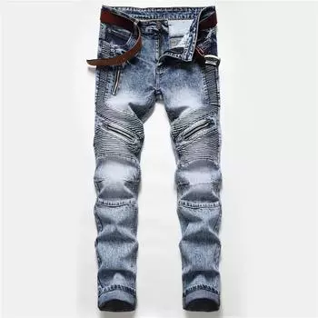 Европейские и американские мужские облегающие прямые джинсы мотоциклетного кроя темно-синего цвета светло-голубого цвета 28