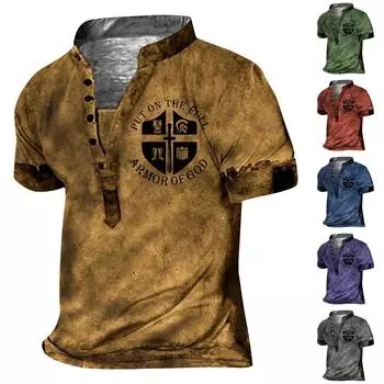 Европейские и американские мужские винтажные топы с цифровой печатью и короткими рукавами L синий