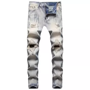 Европейские и американские ностальгические синие рваные джинсы на коленях, мужская уличная мода, индивидуальные брюки-нищие, ретро-трендовые брюки S