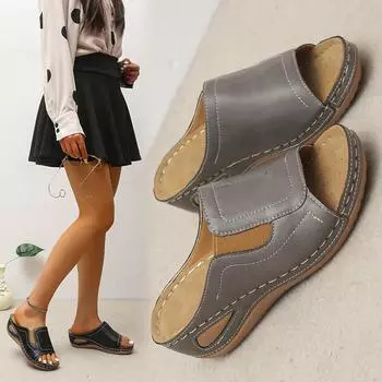 Европейские и американские новые большие размеры универсальные женские тапочки на плоской подошве Amazon с открытым носком и наклонным каблуком, импортная торговля, эластичная обувь с одной педалью 35 серый