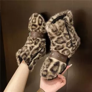 Европейские и американские новые длинные мохнатые сапоги женские зимние y2k spice girls модные теплые сапоги на толстой подошве среднего размера леопардовый принт зимние сапоги 35 темно-коричневого