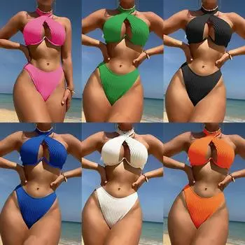 Европейские и американские новые модные тенденции, перекрещивающиеся ремешки на шее, полосатая ткань, стальной поднос, раздельный сексуальный бикини, женский купальник S чёрный